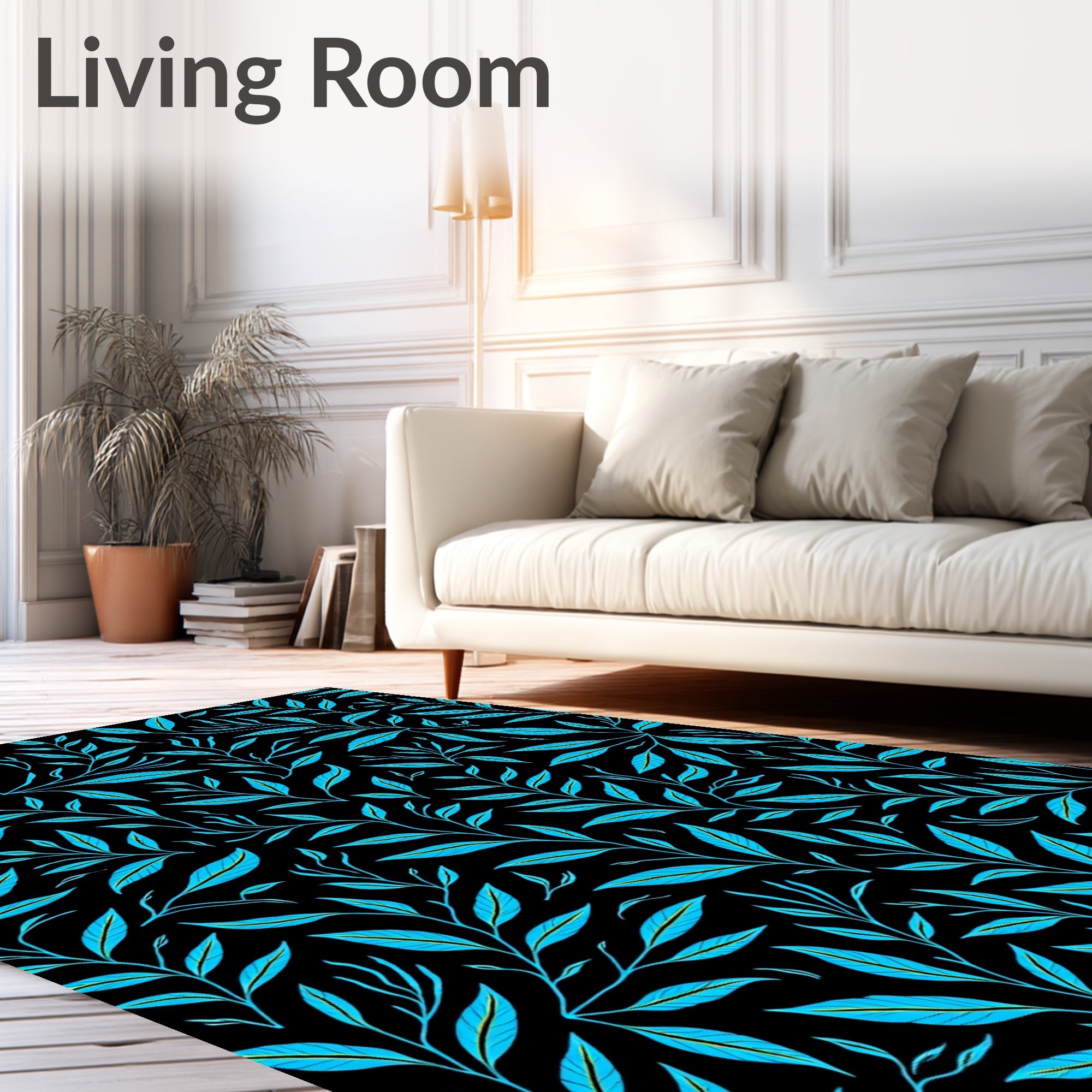 Bright Teal Foliage on Black Background Rug