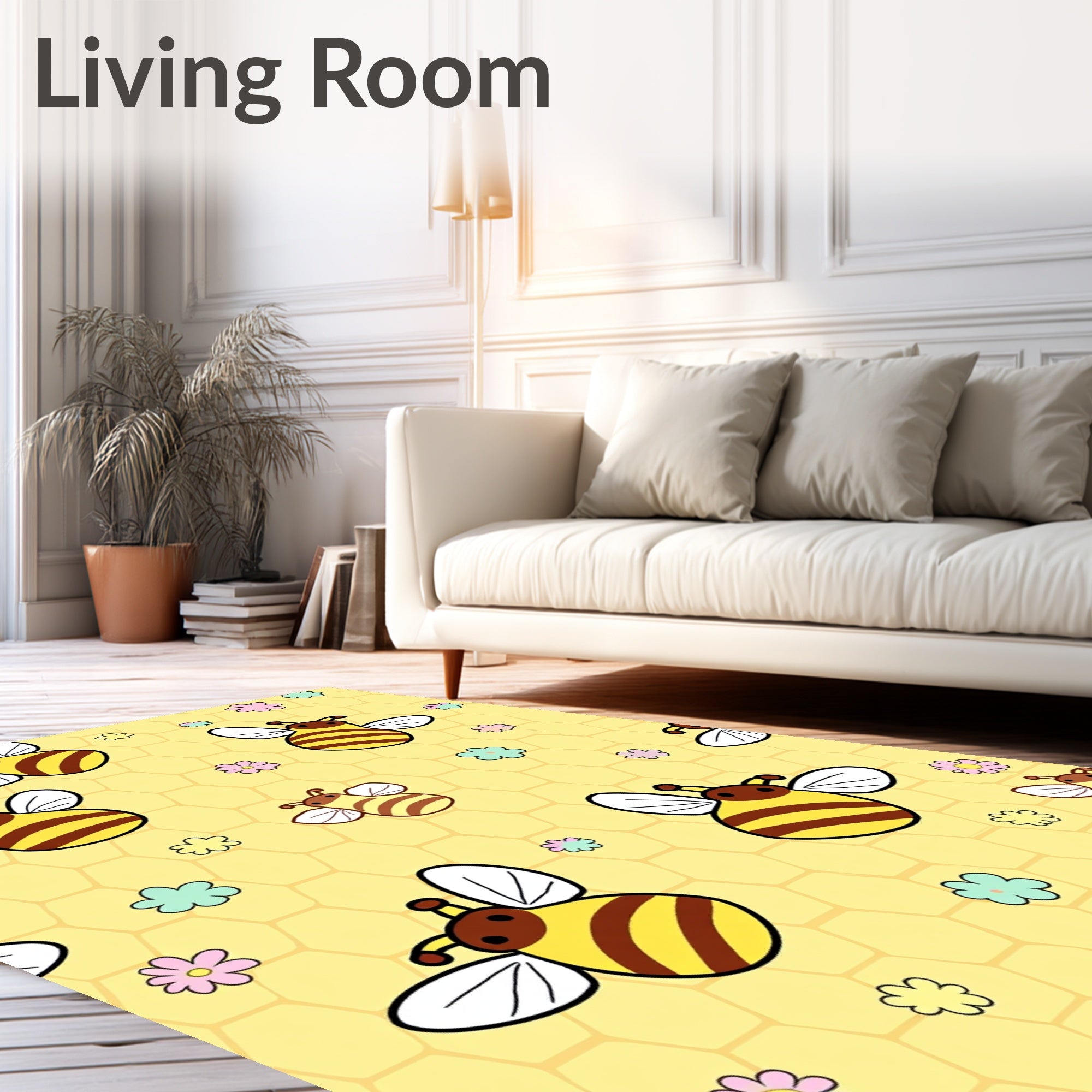 Whimsical Yellow Bees Flowers Honeycomb Rug