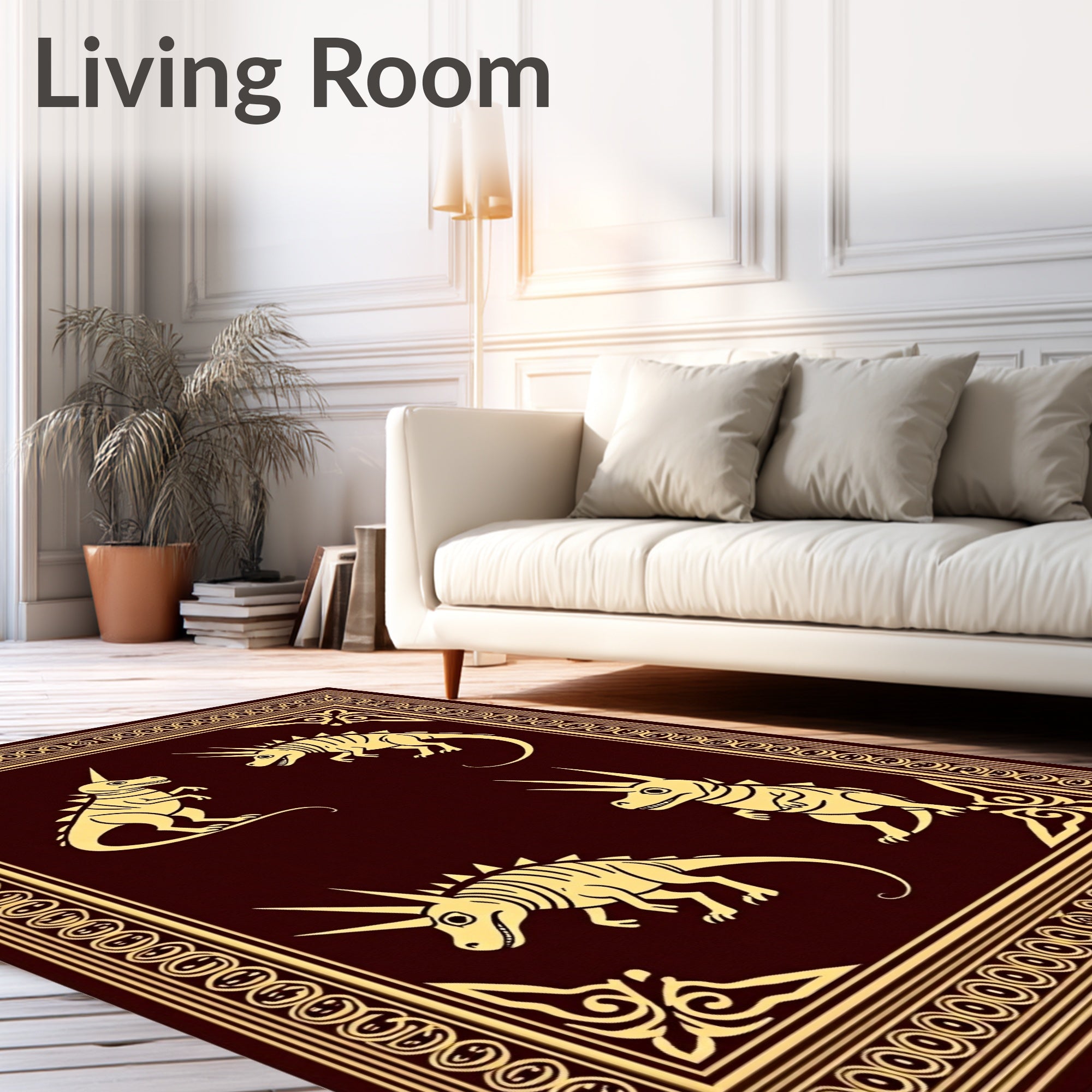 Golden Unicorn Dinosaurs Burgundy Border Rug
