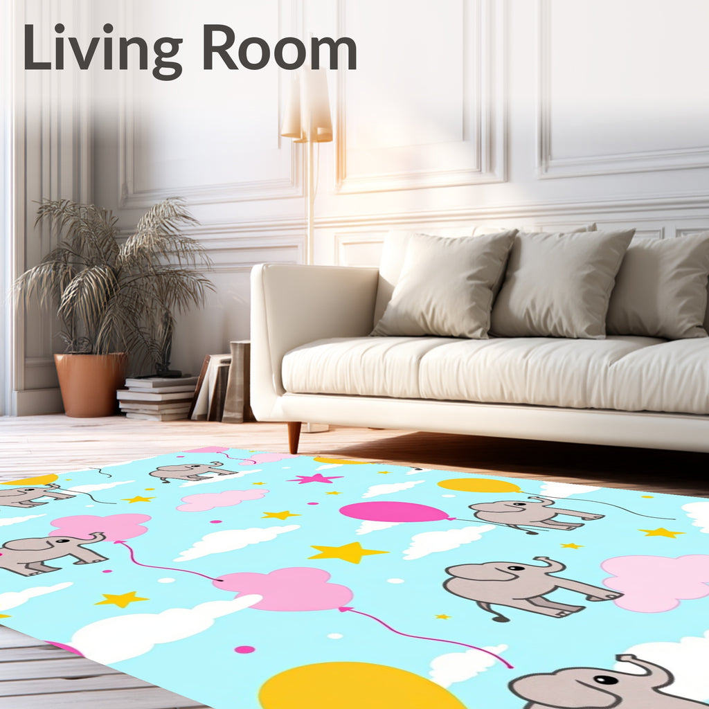 Whimsical Elephants With Pink Yellow Balloons Rug