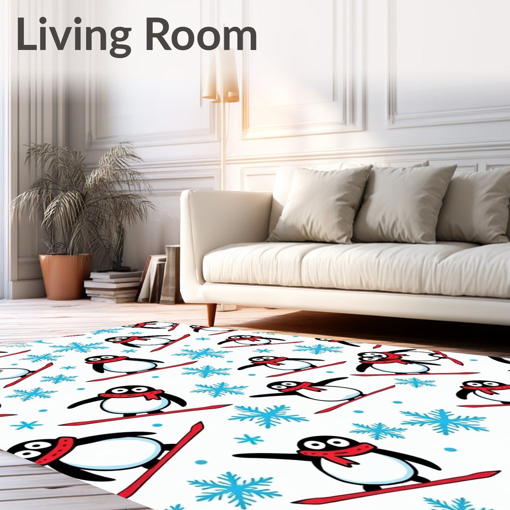 Playful Snowboarding Penguins With Snowflakes Rug