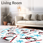 Playful Snowboarding Penguins With Snowflakes Rug