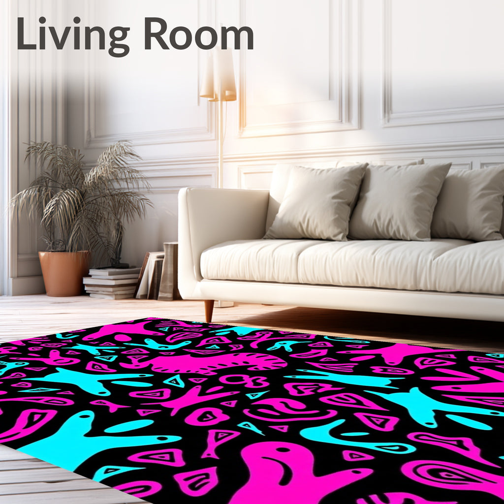Vivid Pink Teal Abstract Whimsical Creatures Rug