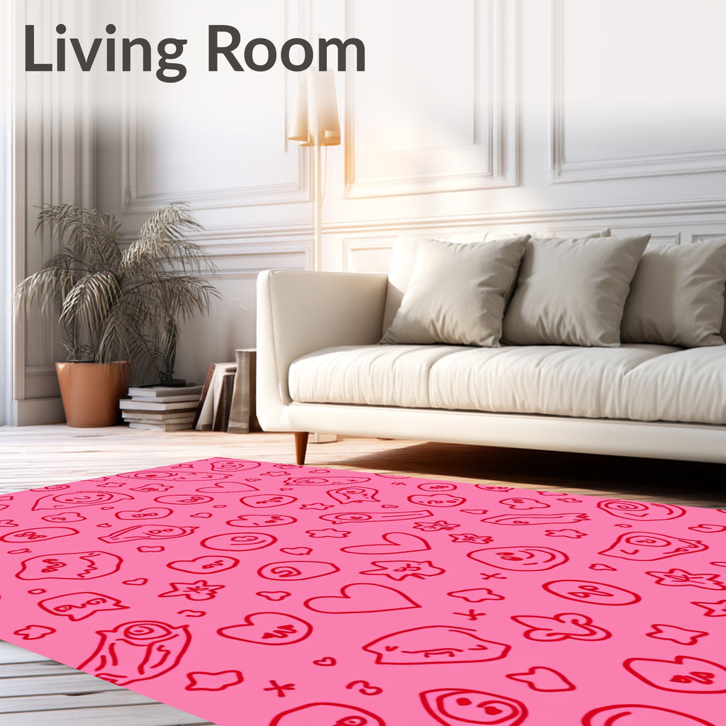 Whimsical Pink Doodle Hearts And Faces Rug