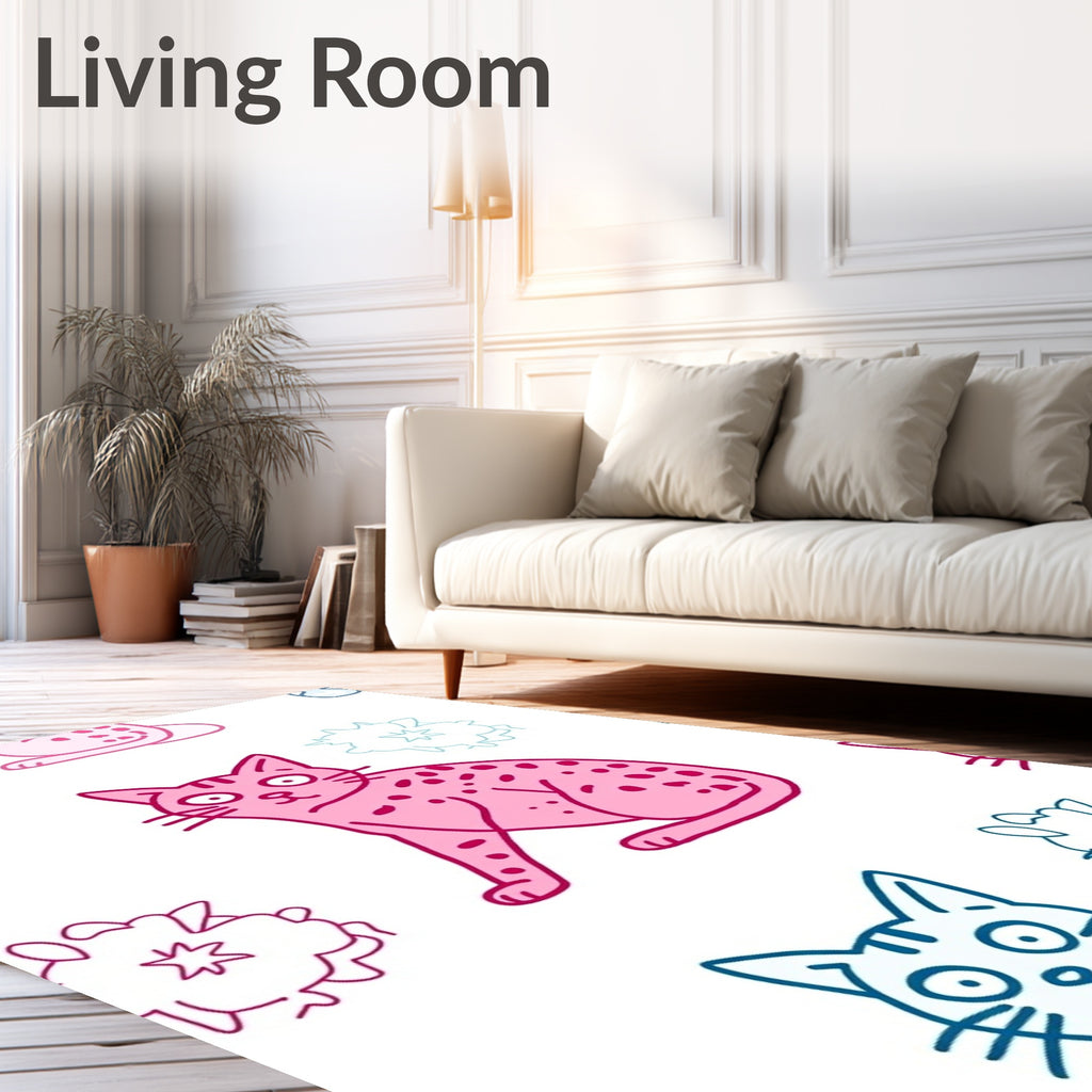 Pink Teal Whimsical Cat Bloom Rug