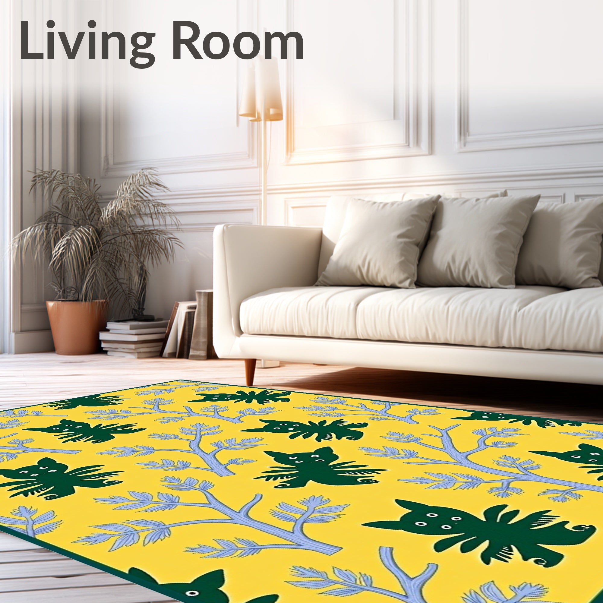Whimsical Green Creatures Yellow Garden Rug