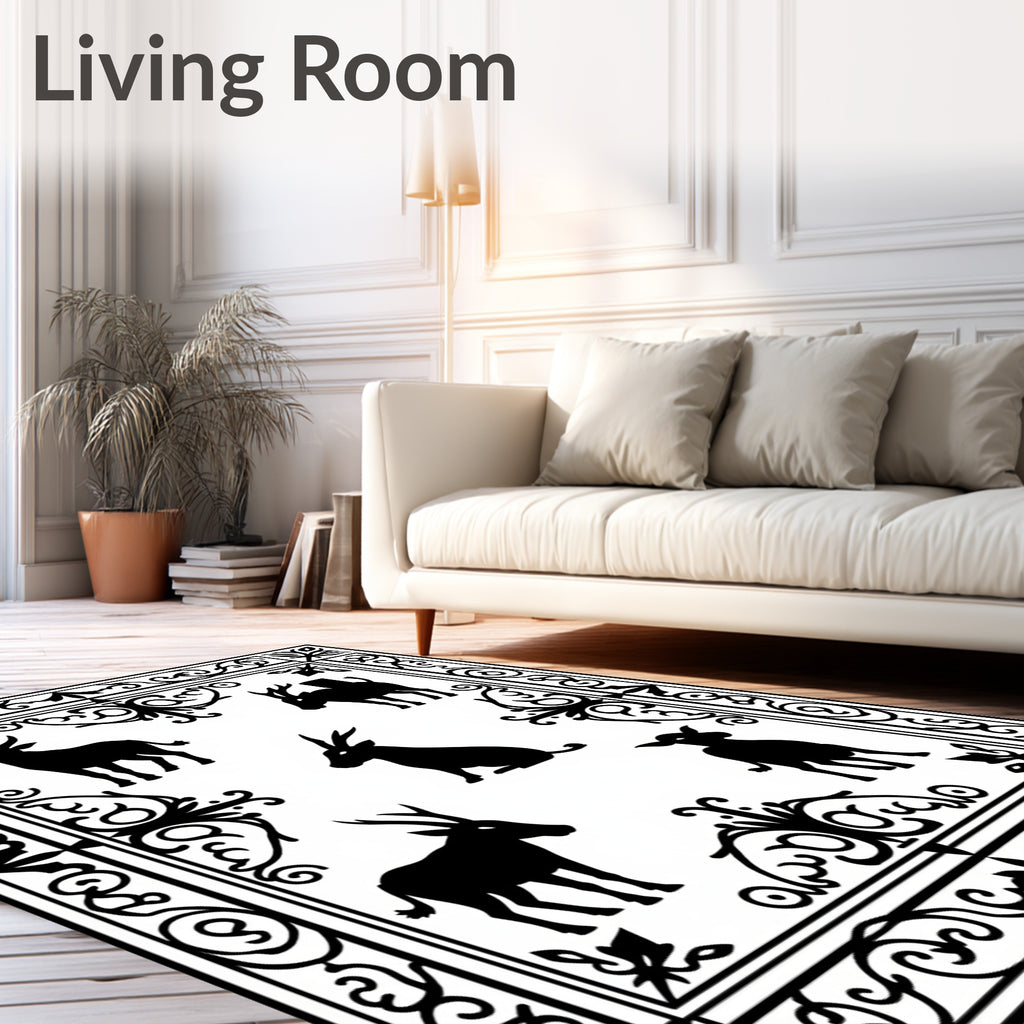 Black White Woodland Creatures Border Rug