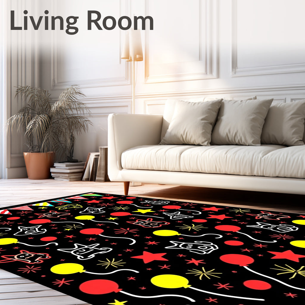 Whimsical Black Creature Balloon Party Rug
