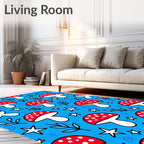 Red White Mushroom Stars Blue Whimsical Foliage Rug