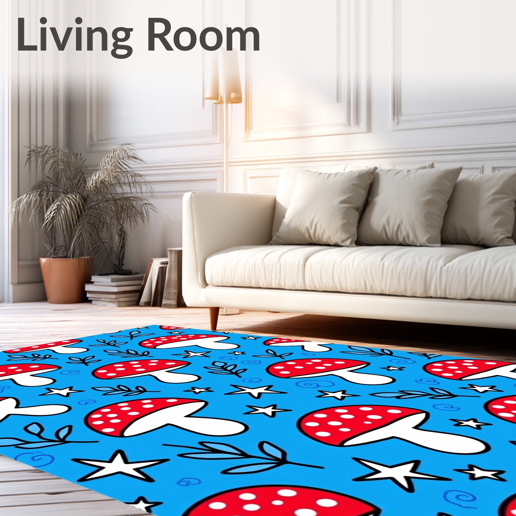 Red White Mushroom Stars Blue Whimsical Foliage Rug