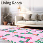 Teal Floral Alphabet Pink Rug