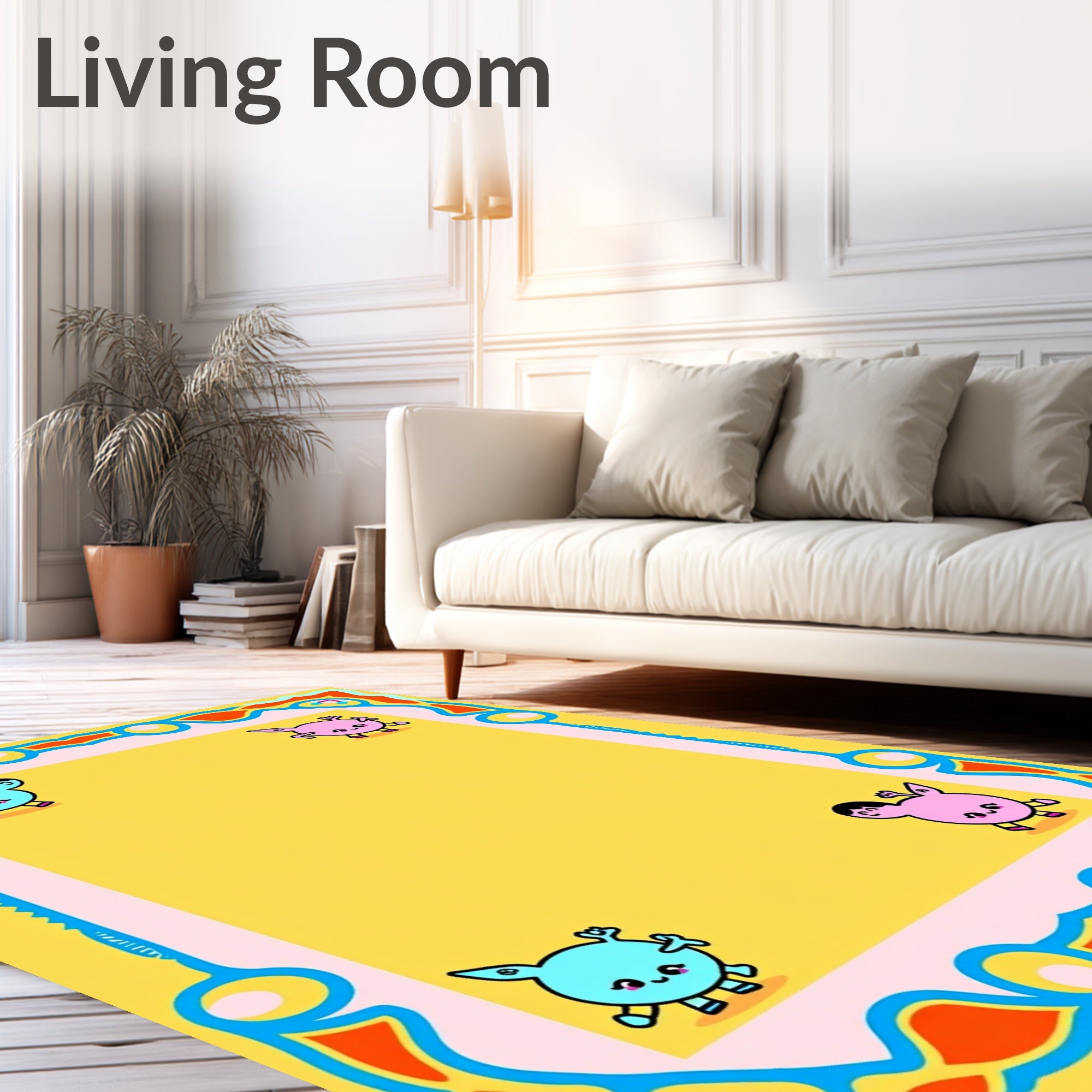 Cute Whimsical Creature Border Yellow Rug