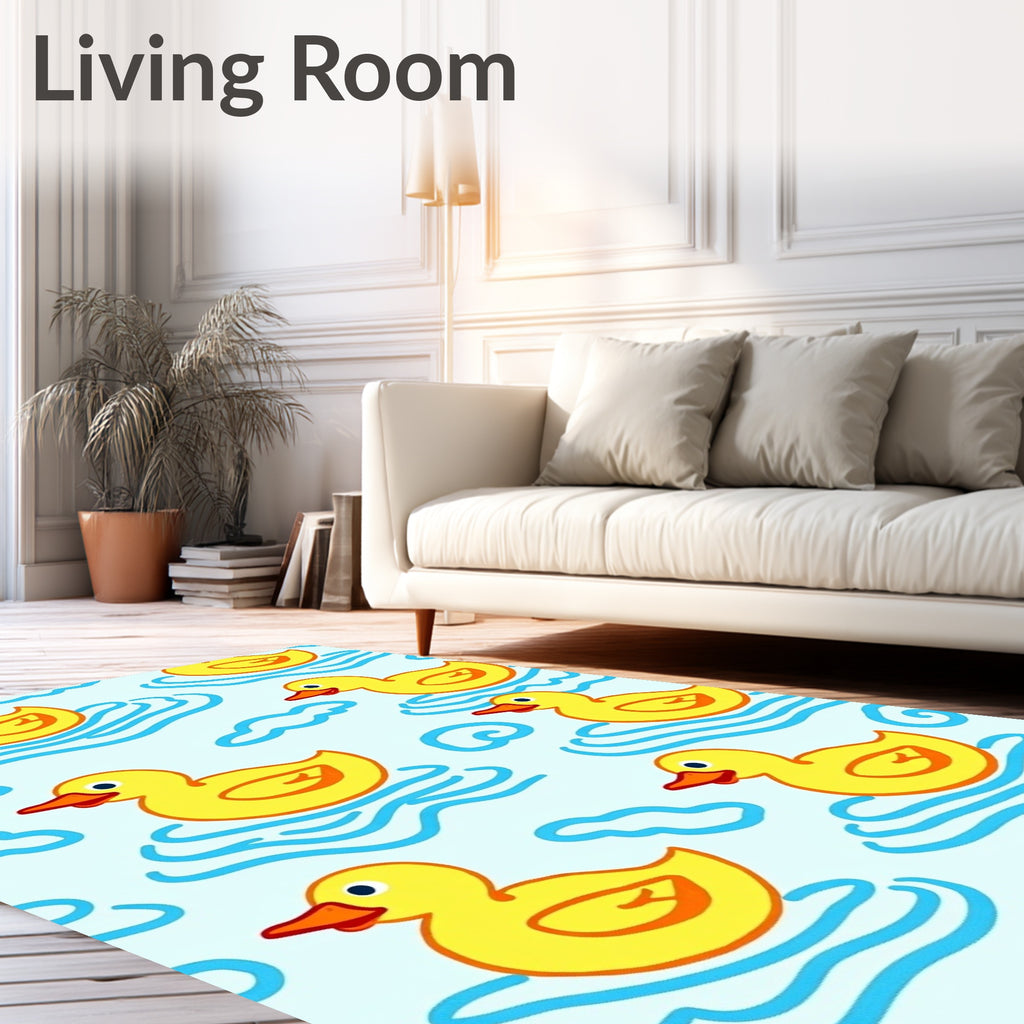 Yellow Ducklings Floating on Blue Waves Rug