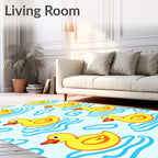 Yellow Ducklings Floating on Blue Waves Rug