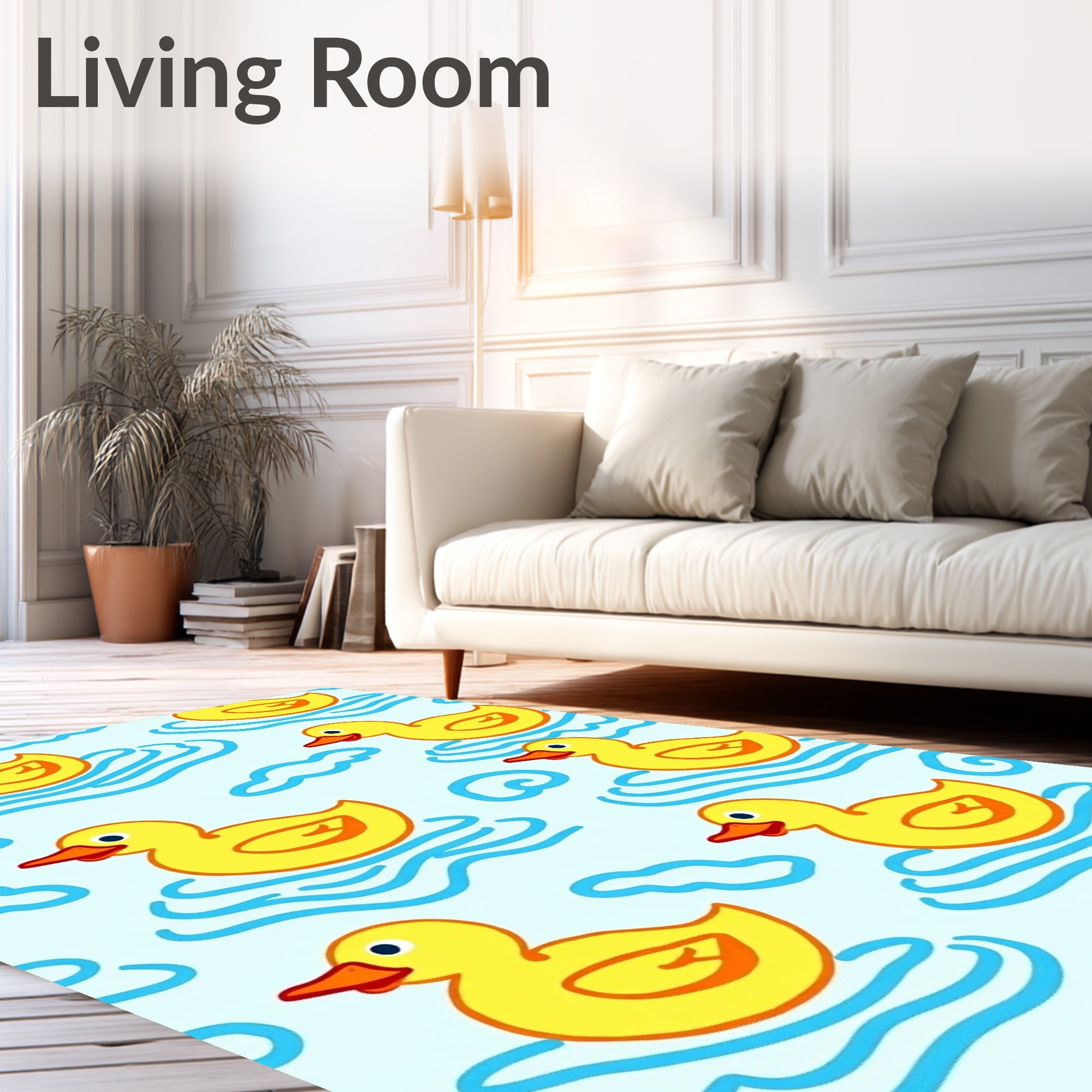 Yellow Ducklings Floating on Blue Waves Rug