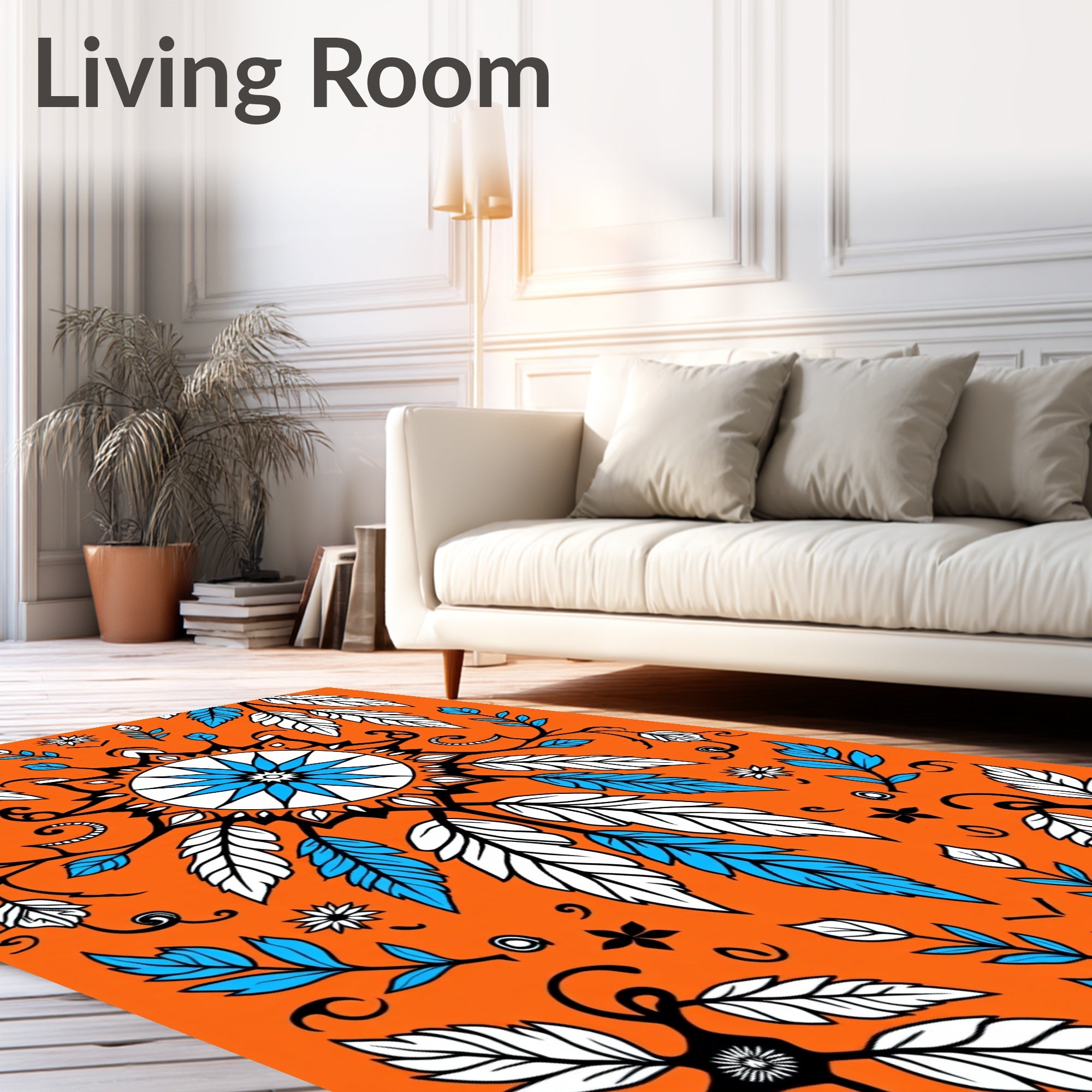 Vibrant Orange Feathered Mandala Rug