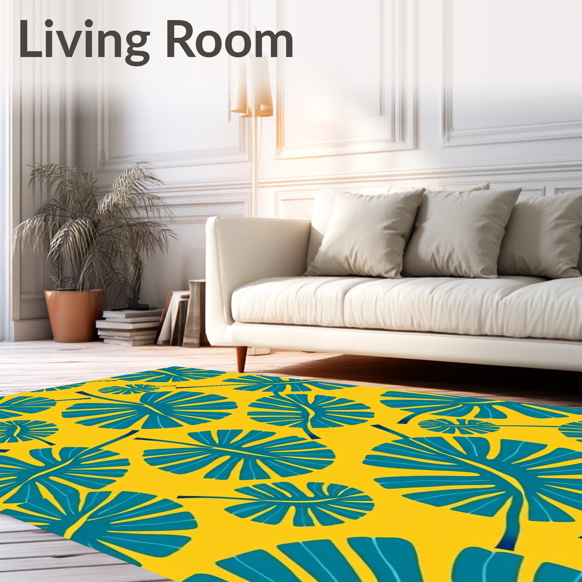 Teal Leaf Burst Yellow Tropical Rug