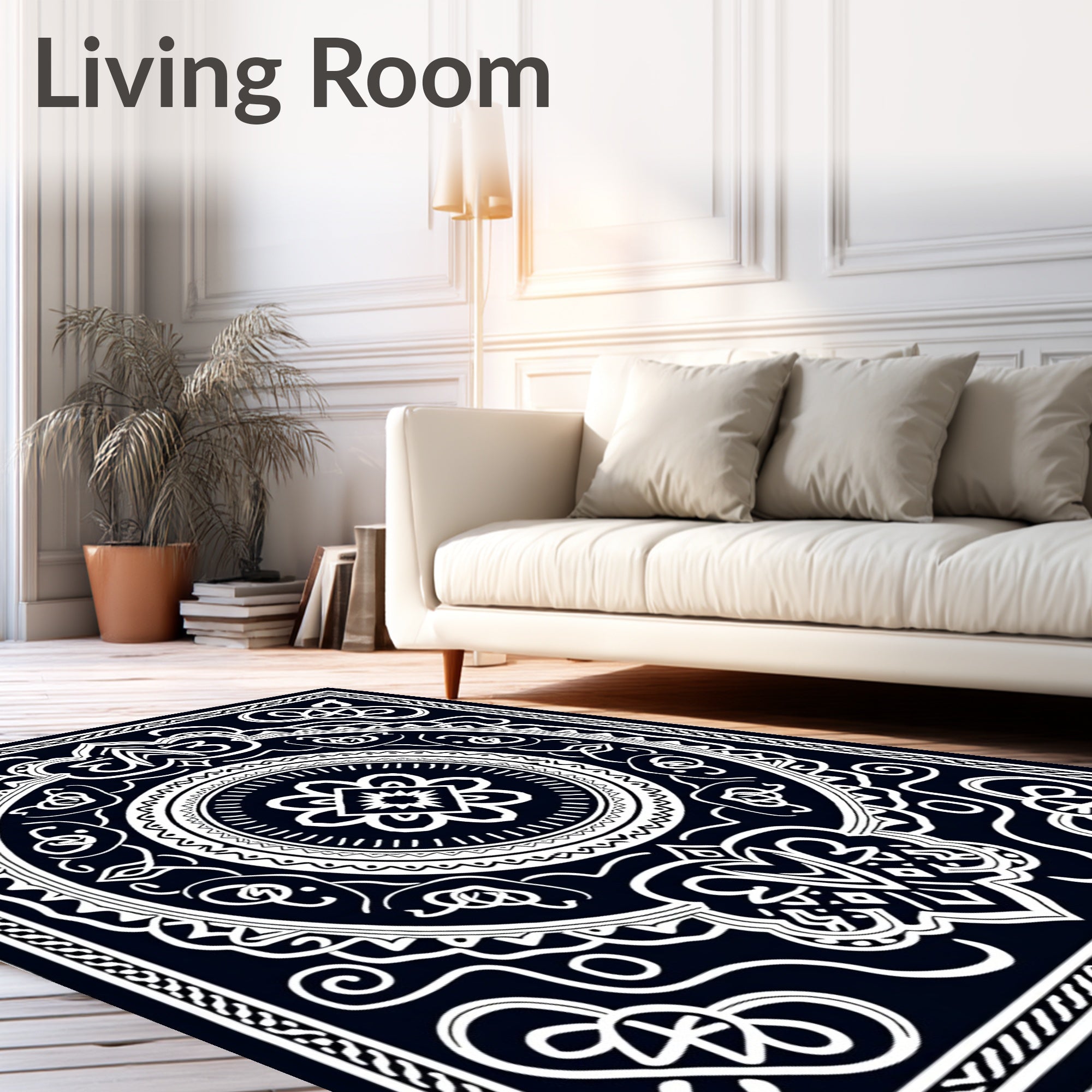 Dark Navy White Intricate Mandala Rug