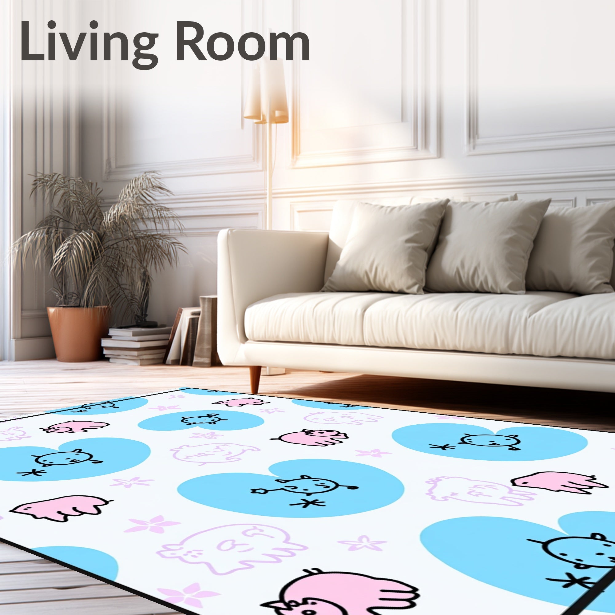 Cute Pink Piggy Blue Heart Cartoon Rug