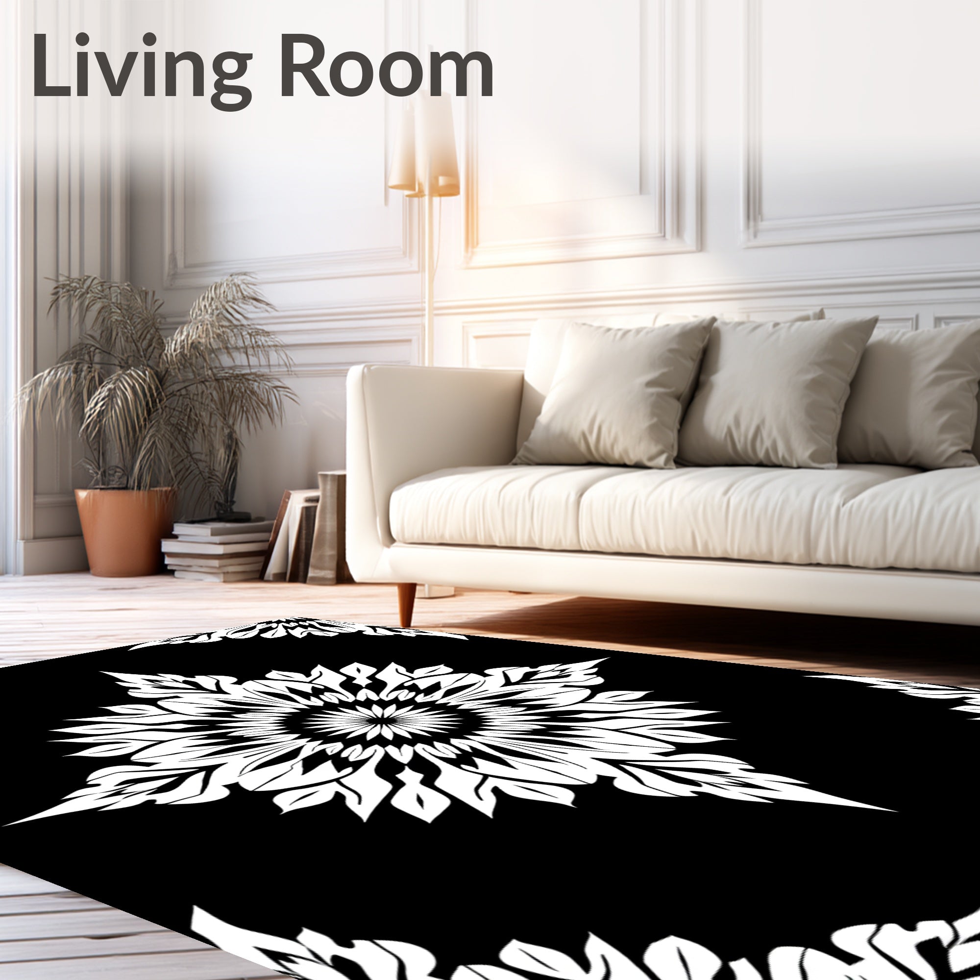 Black White Floral Medallion Art Rug
