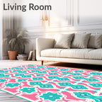 Pink Teal Geometric Floral Medallion Rug
