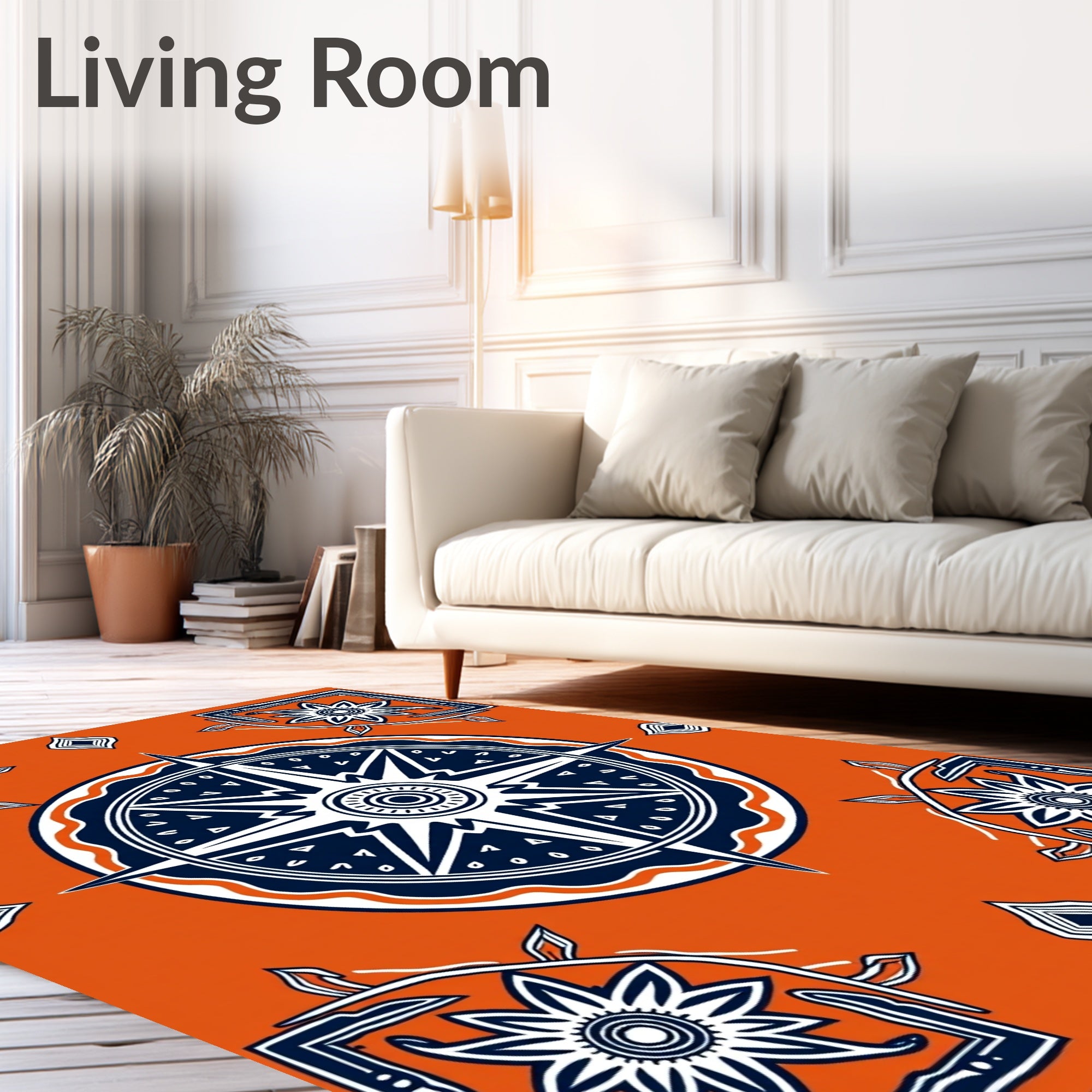 Orange Navy Starburst Floral Medallion Accents Rug