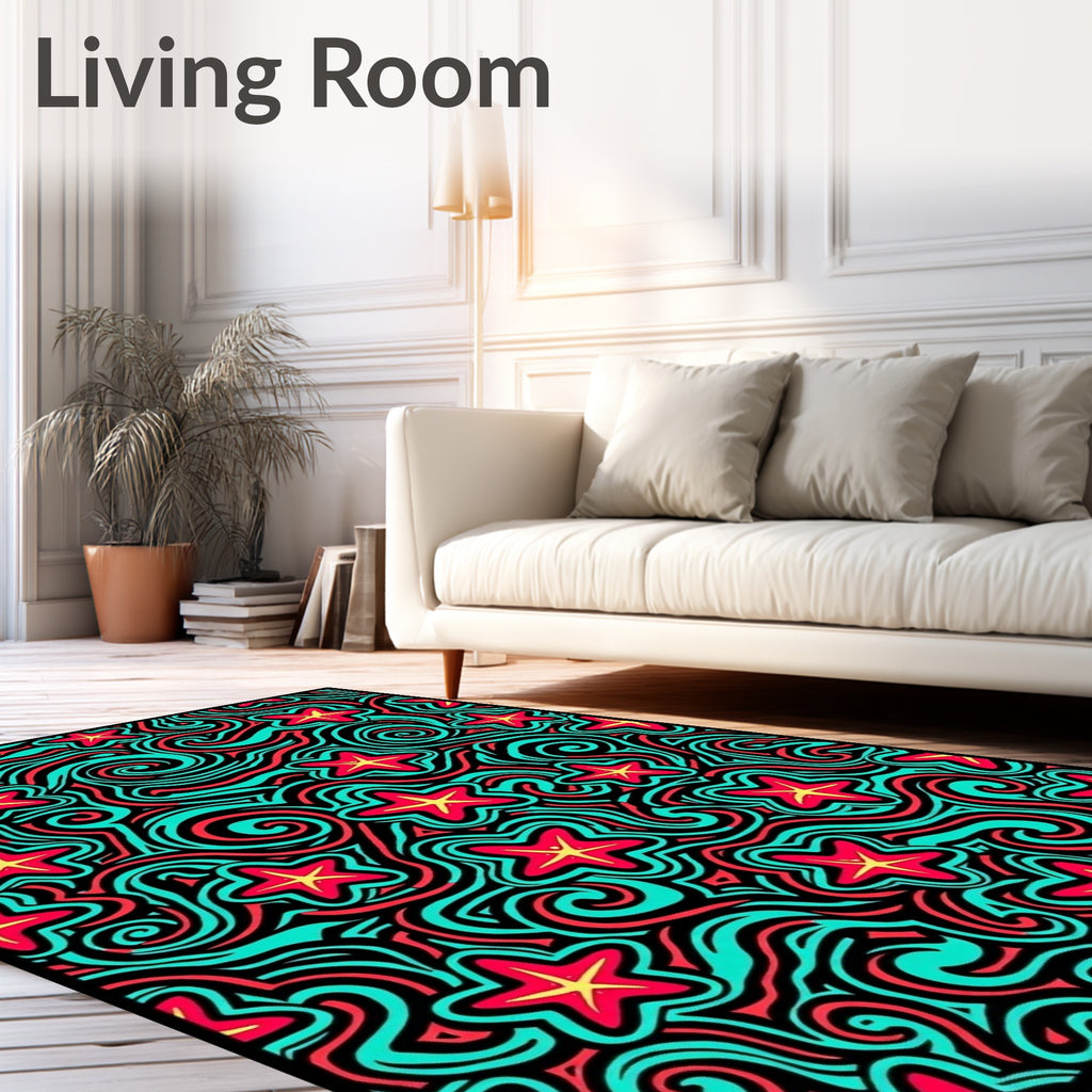 Red Yellow Star Swirls Rug