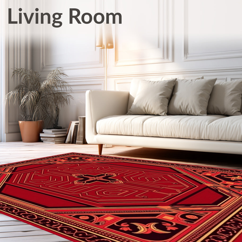 Red Orange Geometric Circuit Line Medallion Rug