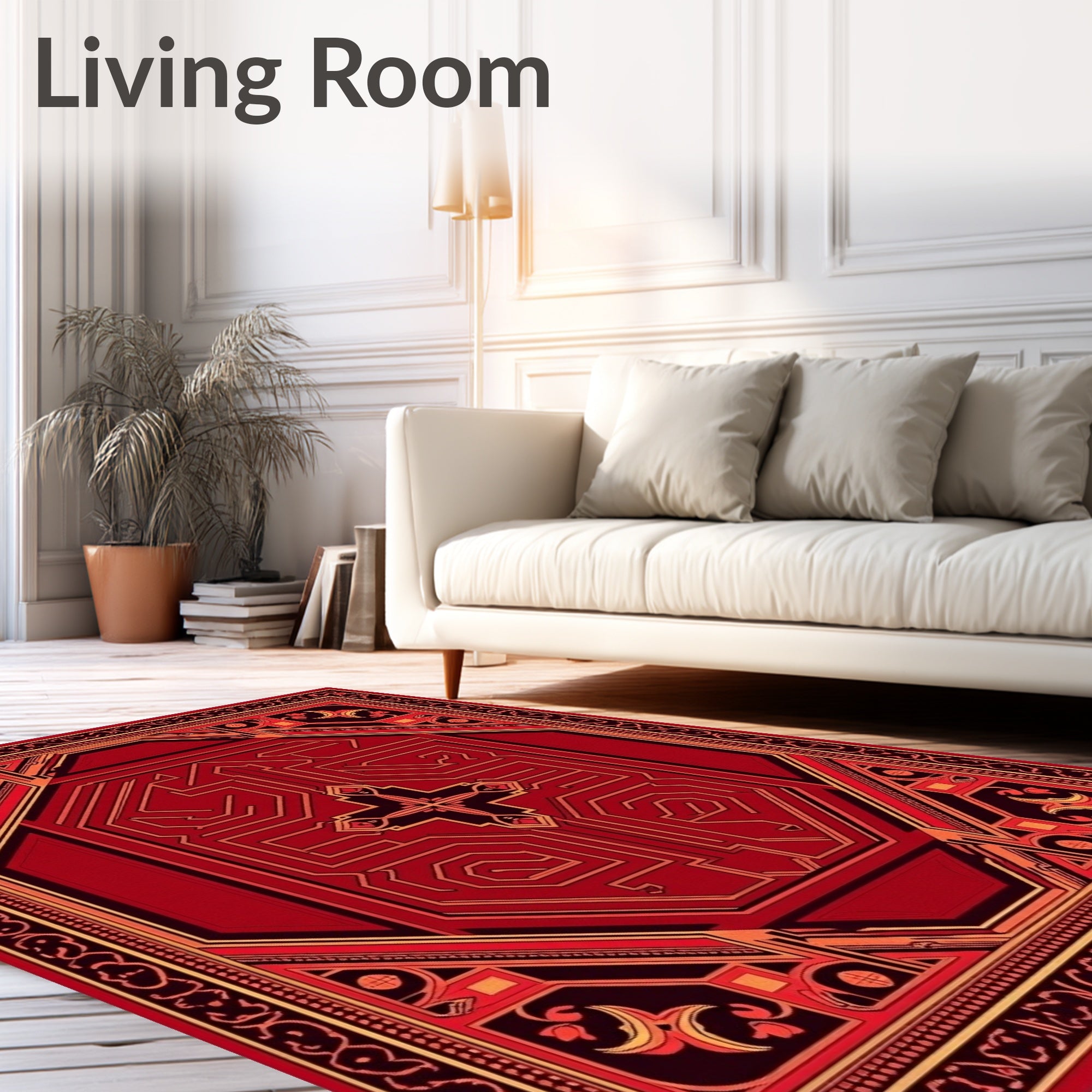 Red Orange Geometric Circuit Line Medallion Rug