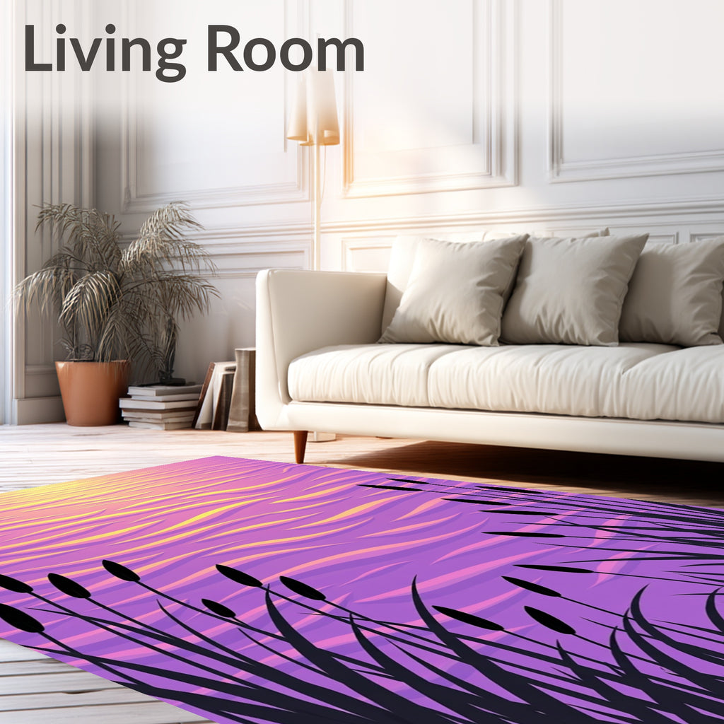 Pink Yellow Sunset Bulrush Water Waves Rug
