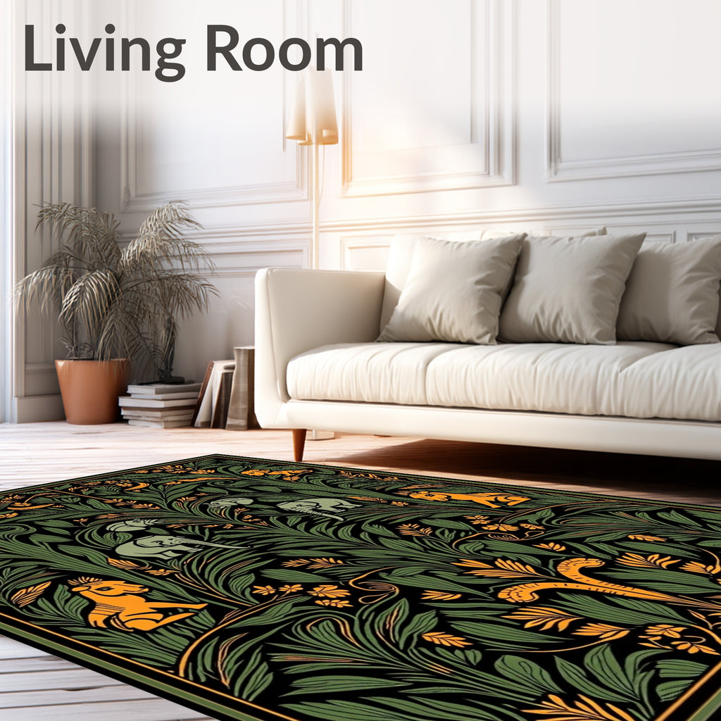 Emerald Green Folk Art Elephants Rug