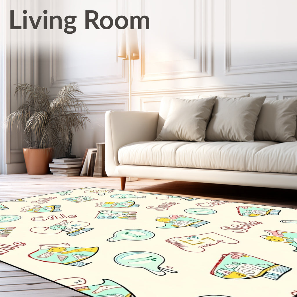 Whimsical Yellow Blue Cartoon Collage Rug