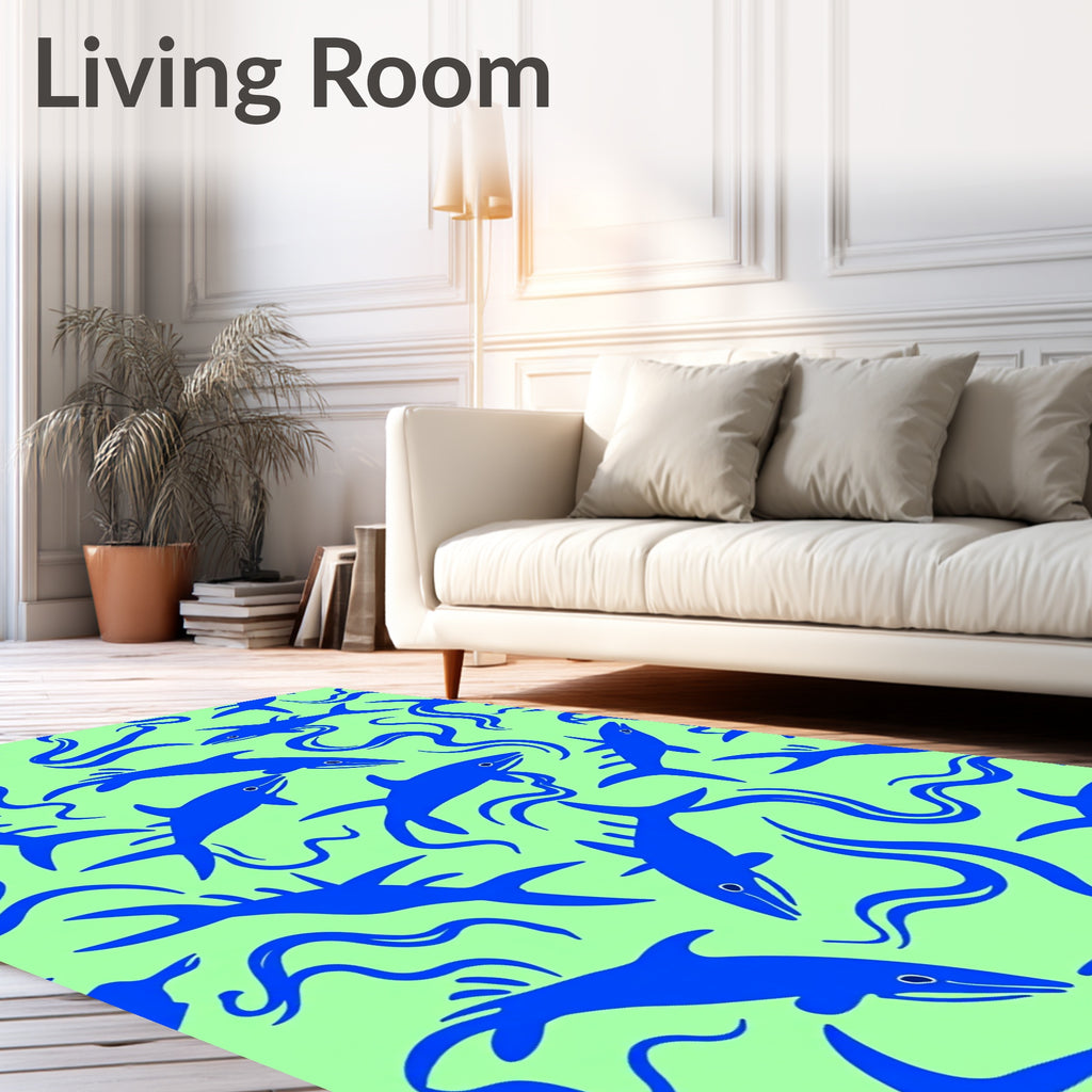 Blue Sharks On Light Green Background Rug
