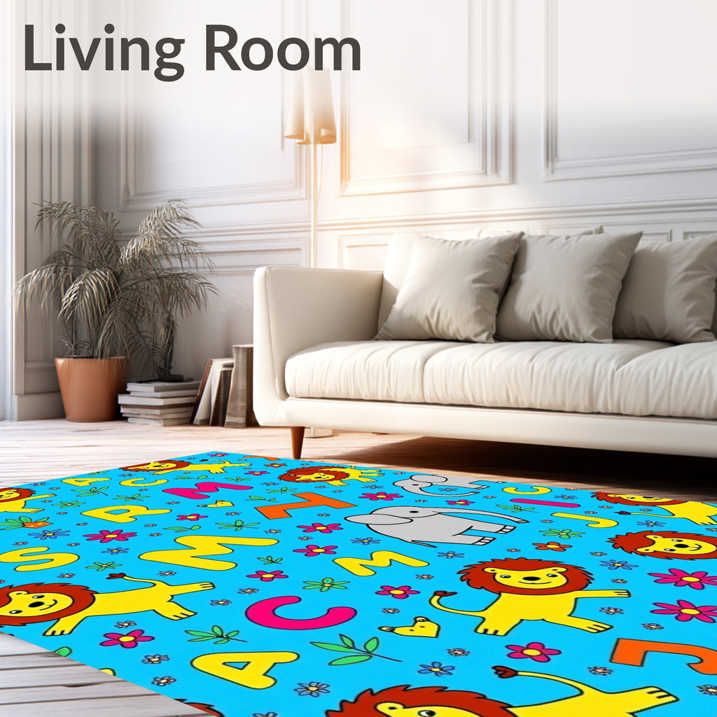 Whimsical Lion Elephant Alphabet Blue Rug