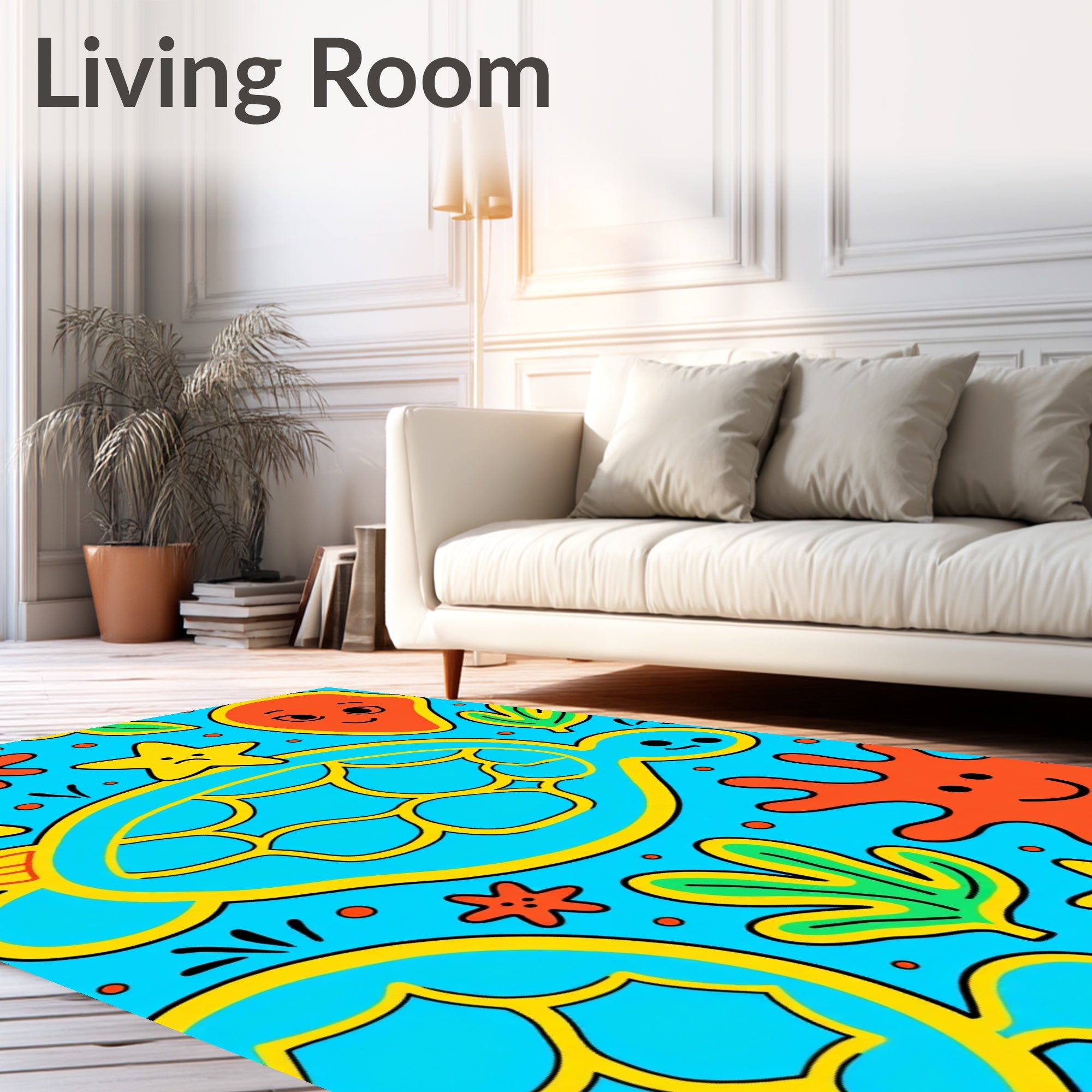 Whimsical Ocean Turtle Yellow Border Rug
