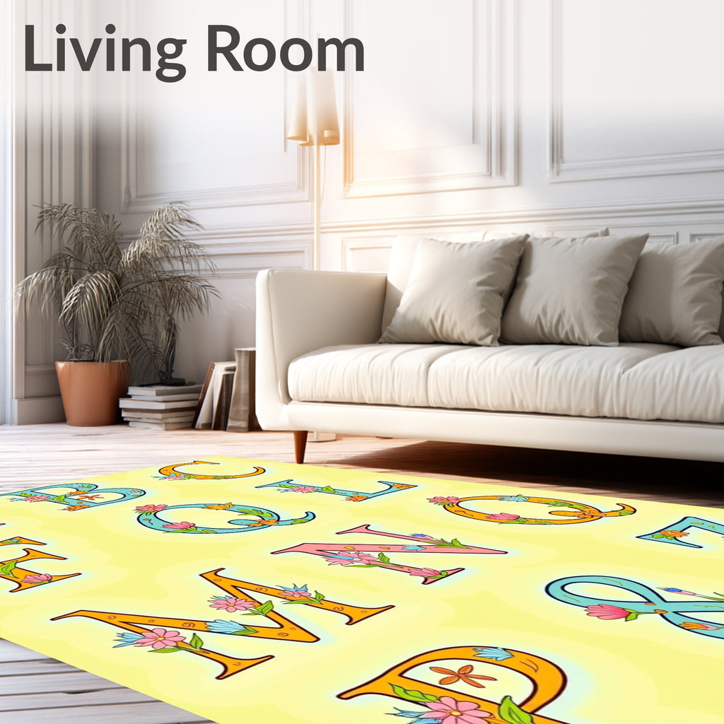 Pink Blue Orange Floral Alphabet Collage Rug