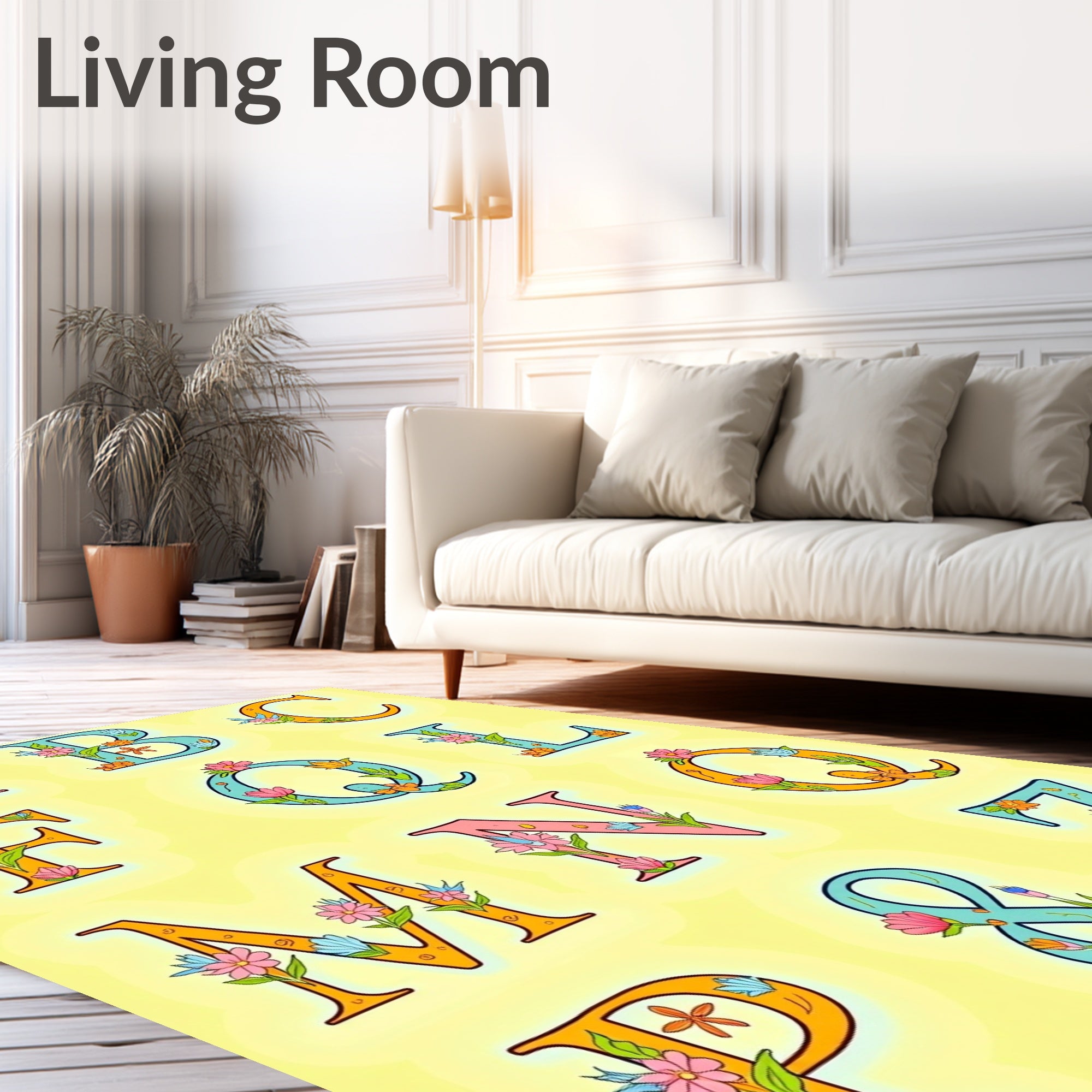 Pink Blue Orange Floral Alphabet Collage Rug