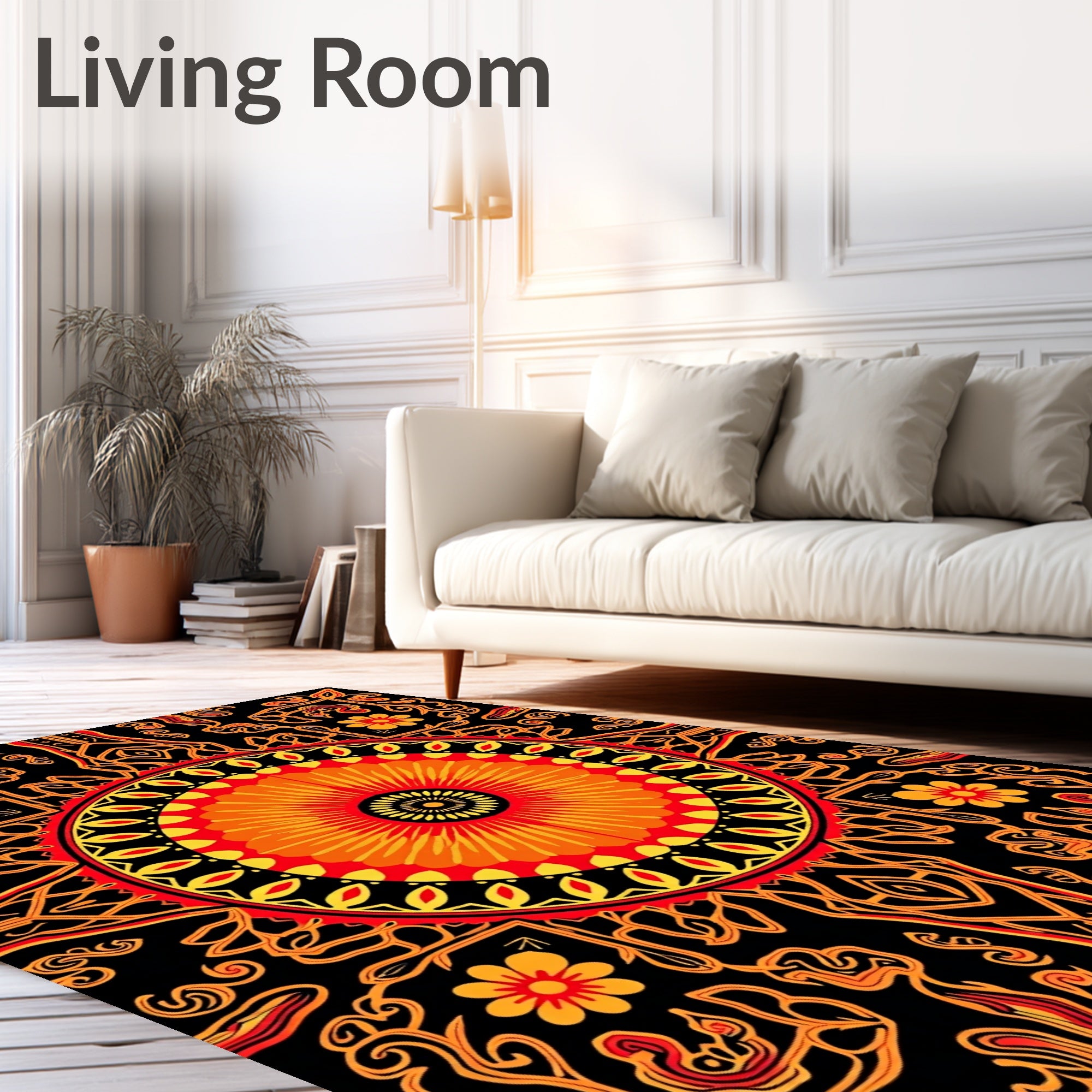 Vibrant Red Orange Sunburst Mandala Rug