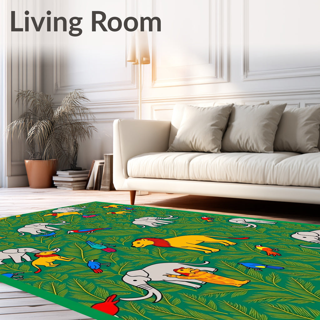 Emerald Jungle Animals Lion Elephant Birds Rug