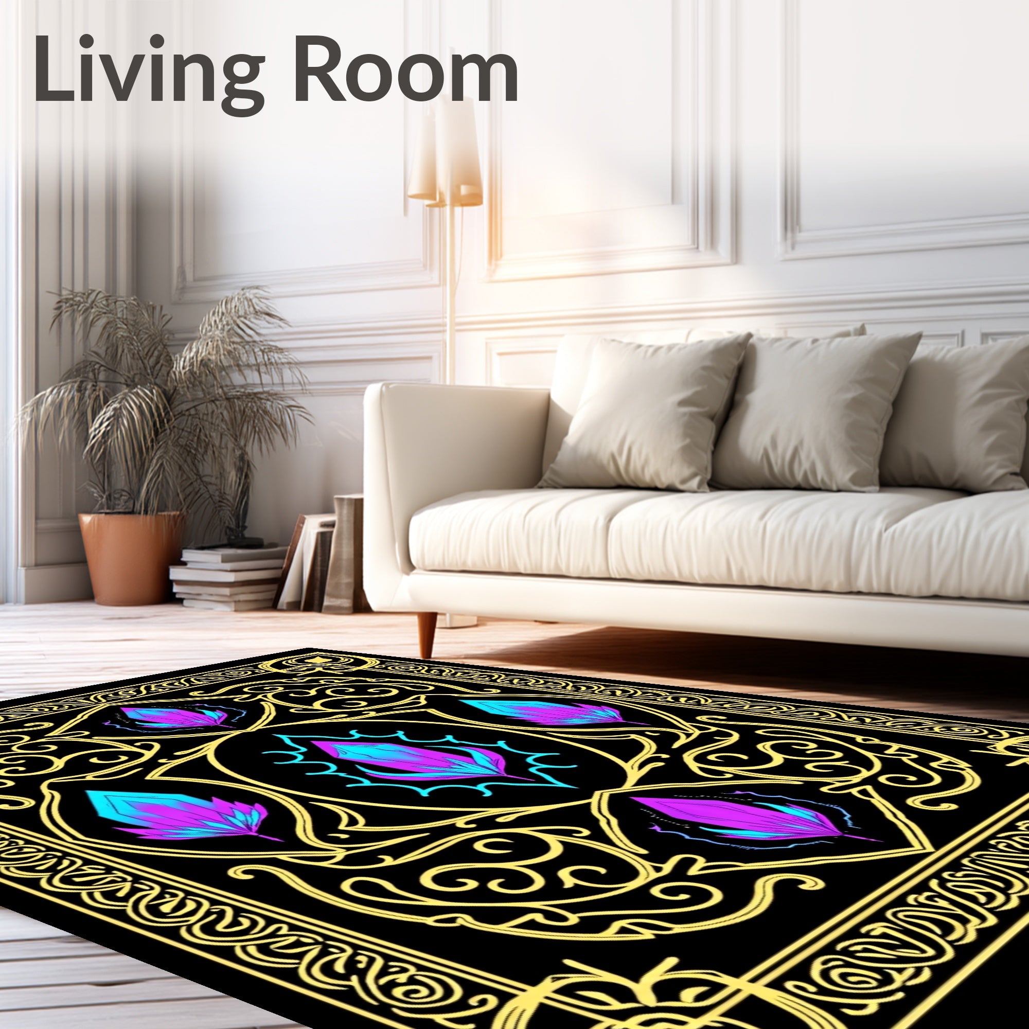 Black Yellow Crystal Floral Abstraction Rug