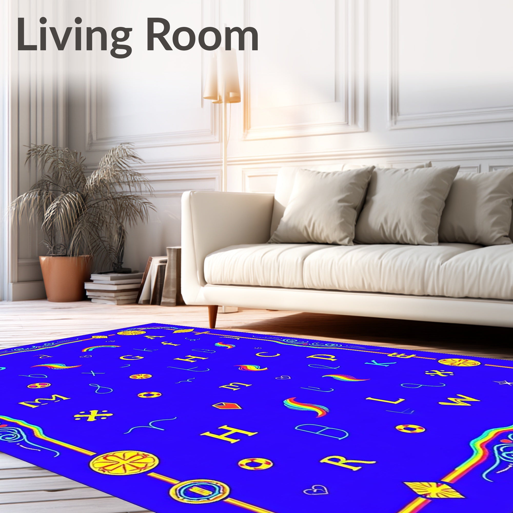 Rainbow Alphabet Bordered Blue Rug