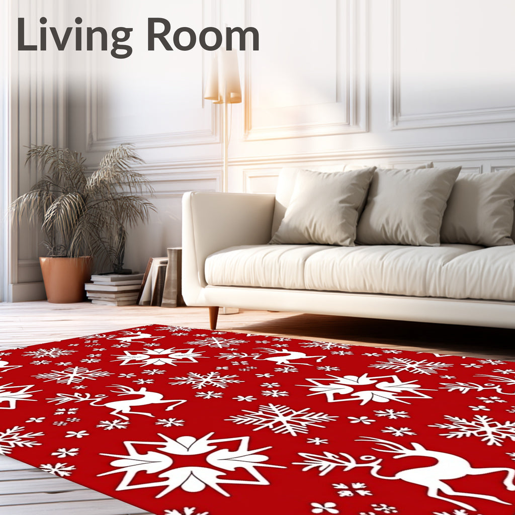Red White Reindeer Snowflake Scene Rug