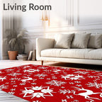 Red White Reindeer Snowflake Scene Rug