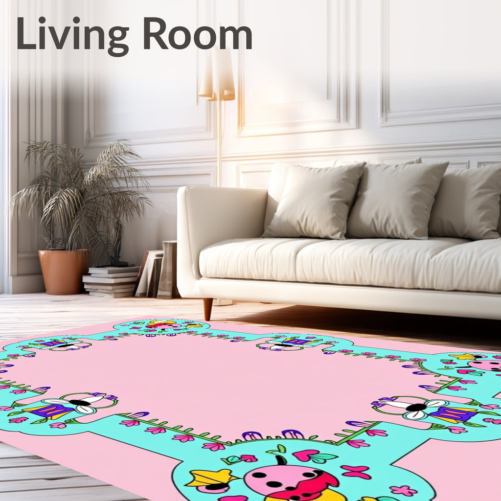 Whimsical Blue Ladybug Floral Frame Rug