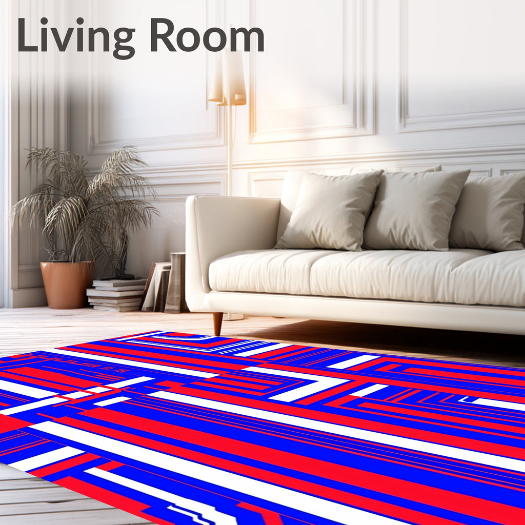 Bold Red Blue Vertical Stripe Patchwork Rug