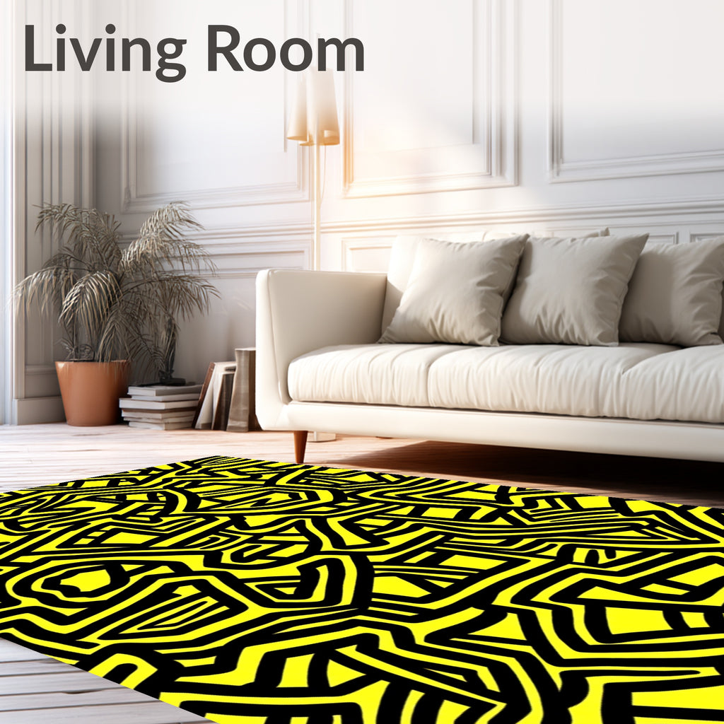 Bright Yellow Black Abstract Maze Rug