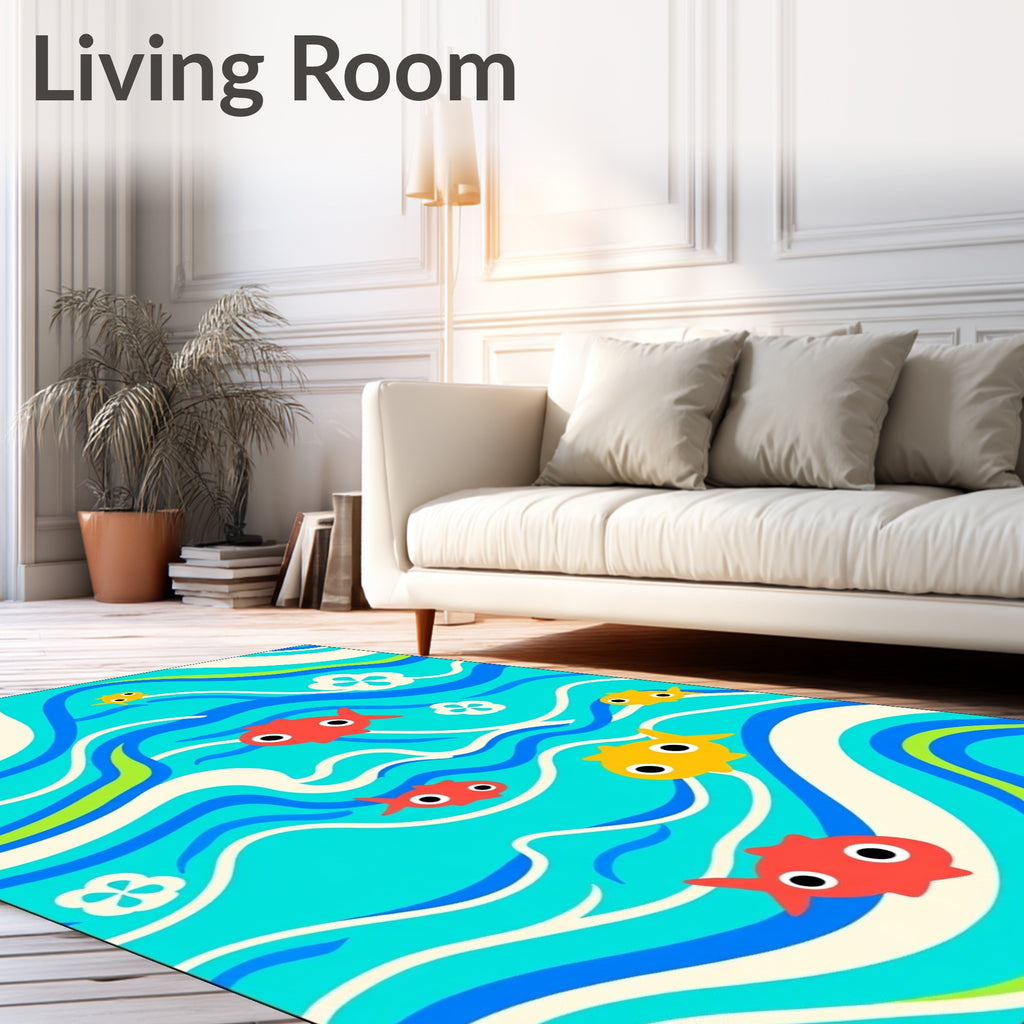 Red Yellow Fish Swirly Ocean Waves Rug