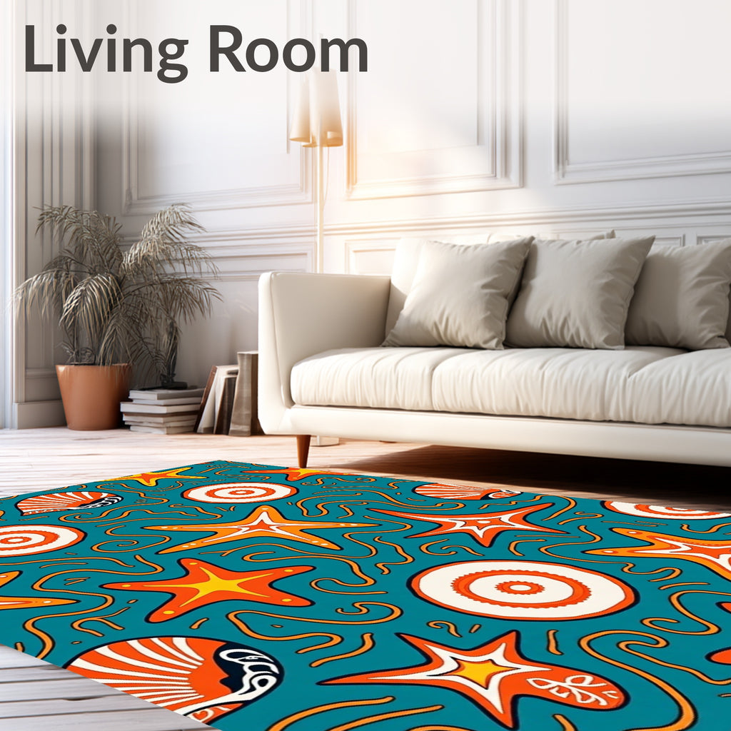 Oceanic Starfish Shell Swirls Orange Teal Rug