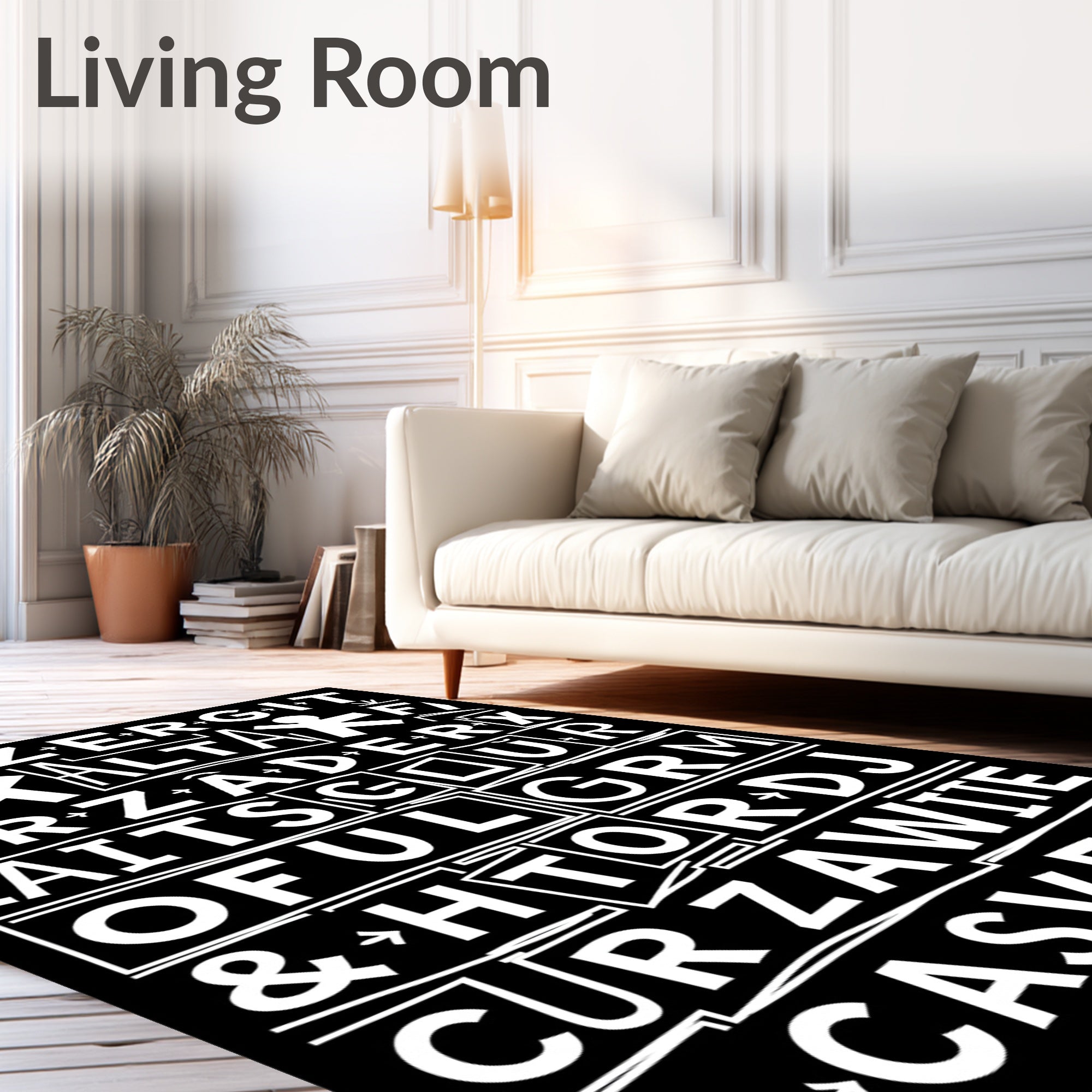 Black White Bold Typographic Figures Abstract Rug