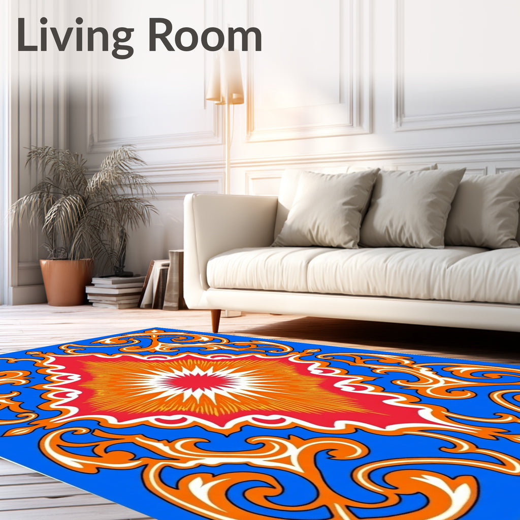 Vibrant Red Sunburst Scrollwork Inlay Rug